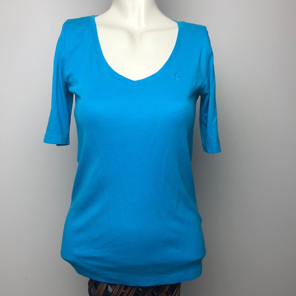 Ralph Lauren Blue Elbow Sleeve V-Neck Top Size M